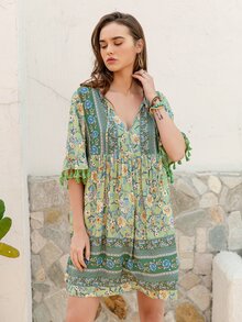 Rusttydustty 滿版圖案流蘇邊娃娃裙不帶腰帶 - 彩色 - 查看 6