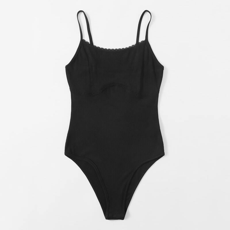 

Lace Trim Cami Bodysuit, Black