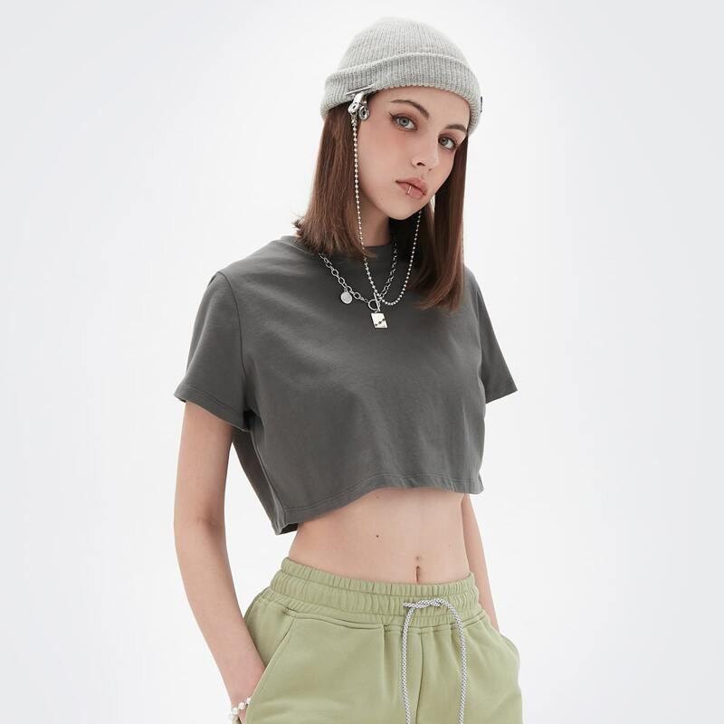

Round Neck Solid Crop Tee, Dark grey