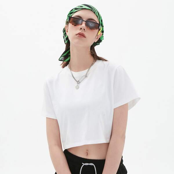 

Round Neck Solid Crop Tee, White