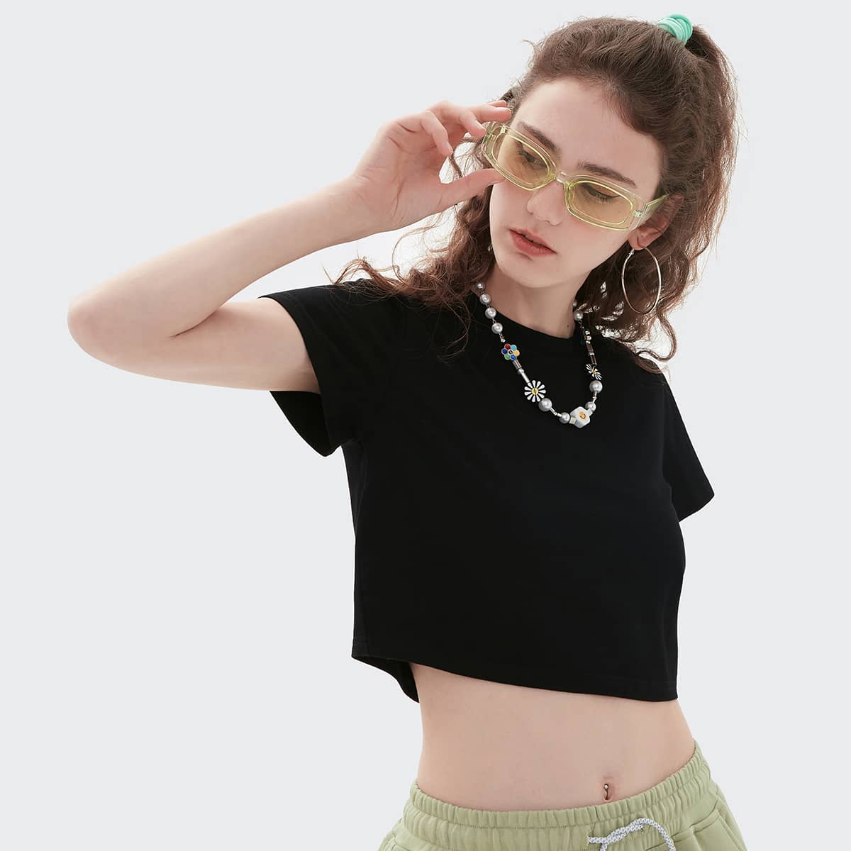 

Round Neck Solid Crop Tee, Black