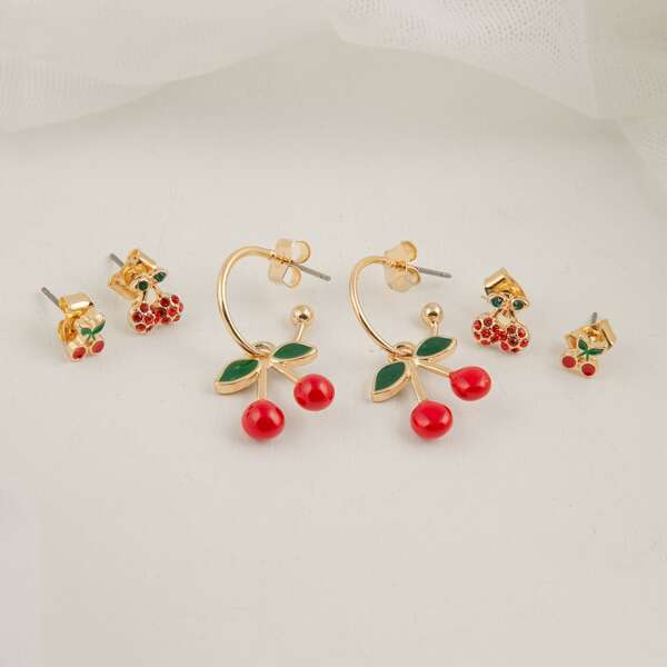 

Cherry Charm Earrings Set - 3 Pairs, Multicolor