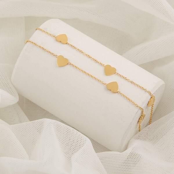 

Heart Charm Chain Layered Anklet, Gold