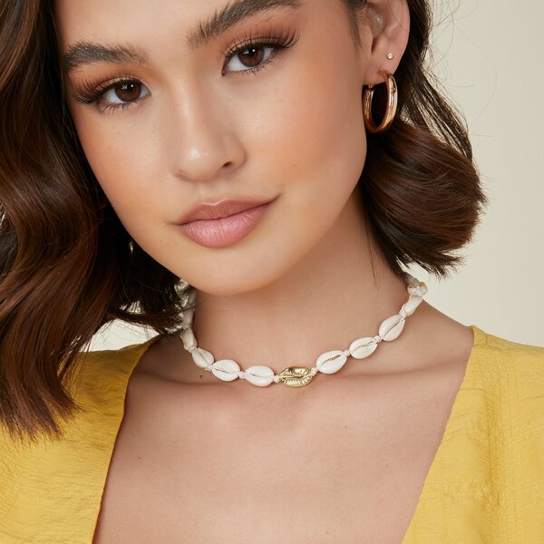 

Cowrie Seashell Charm Necklace, Beige