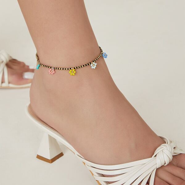 

Daisy Charm Beaded Chain Anklet, Multicolor