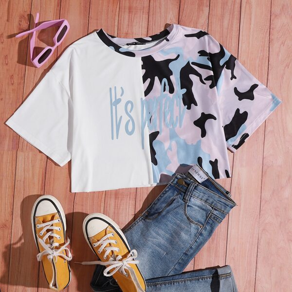 

Slogan & Camo Print Tee, Multicolor