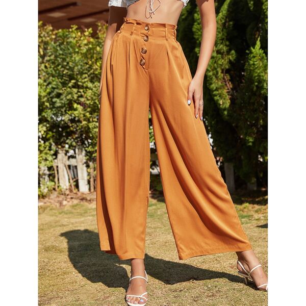 

Solid Paper Bag Waist Wide Leg Pants, Ginger