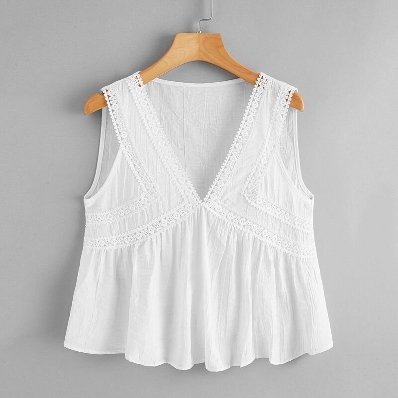 

Contrast Lace Sleeveless Blouse, White