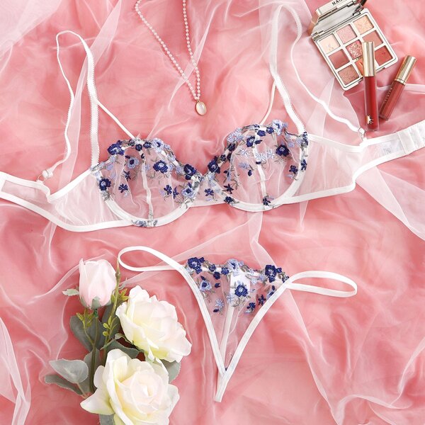 

Embroidered Mesh Underwire Lingerie Set, Blue and white