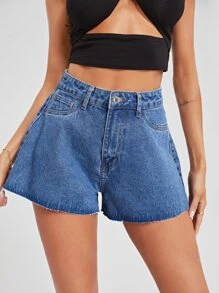 Quần short Denim Nút màu trơn - Rửa trung bình - Xem 1