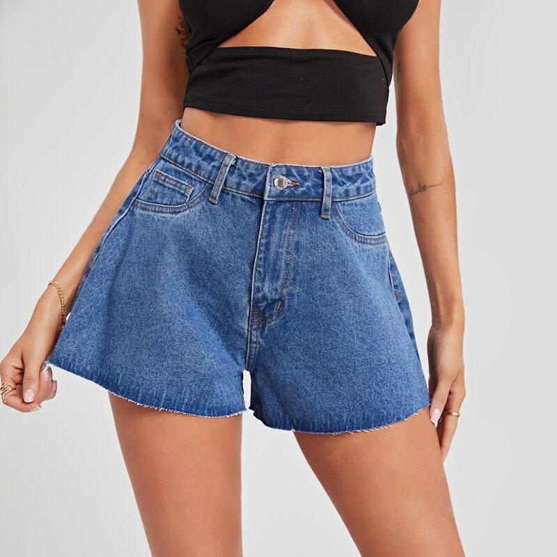 Raw Hem Wide Leg Denim Shorts, Medium wash