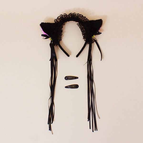 

Toddler Girls Cat Ear Decor Headband & 2pcs Hair Clip, Black