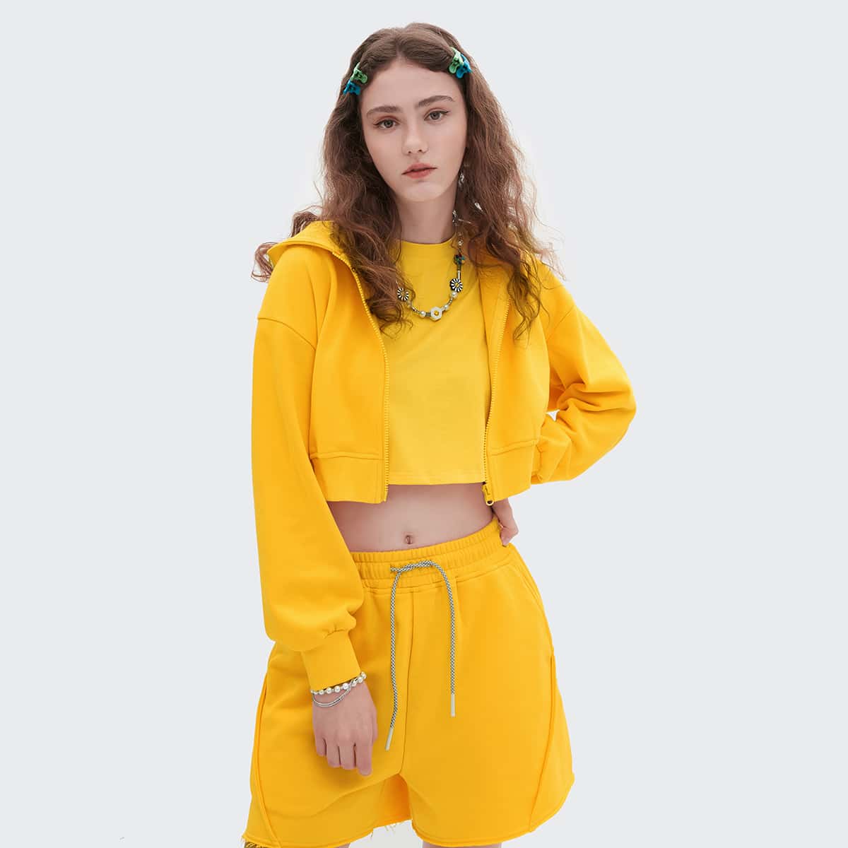 

Drop Shoulder Zip Up Crop Hoodie, Yellow bright