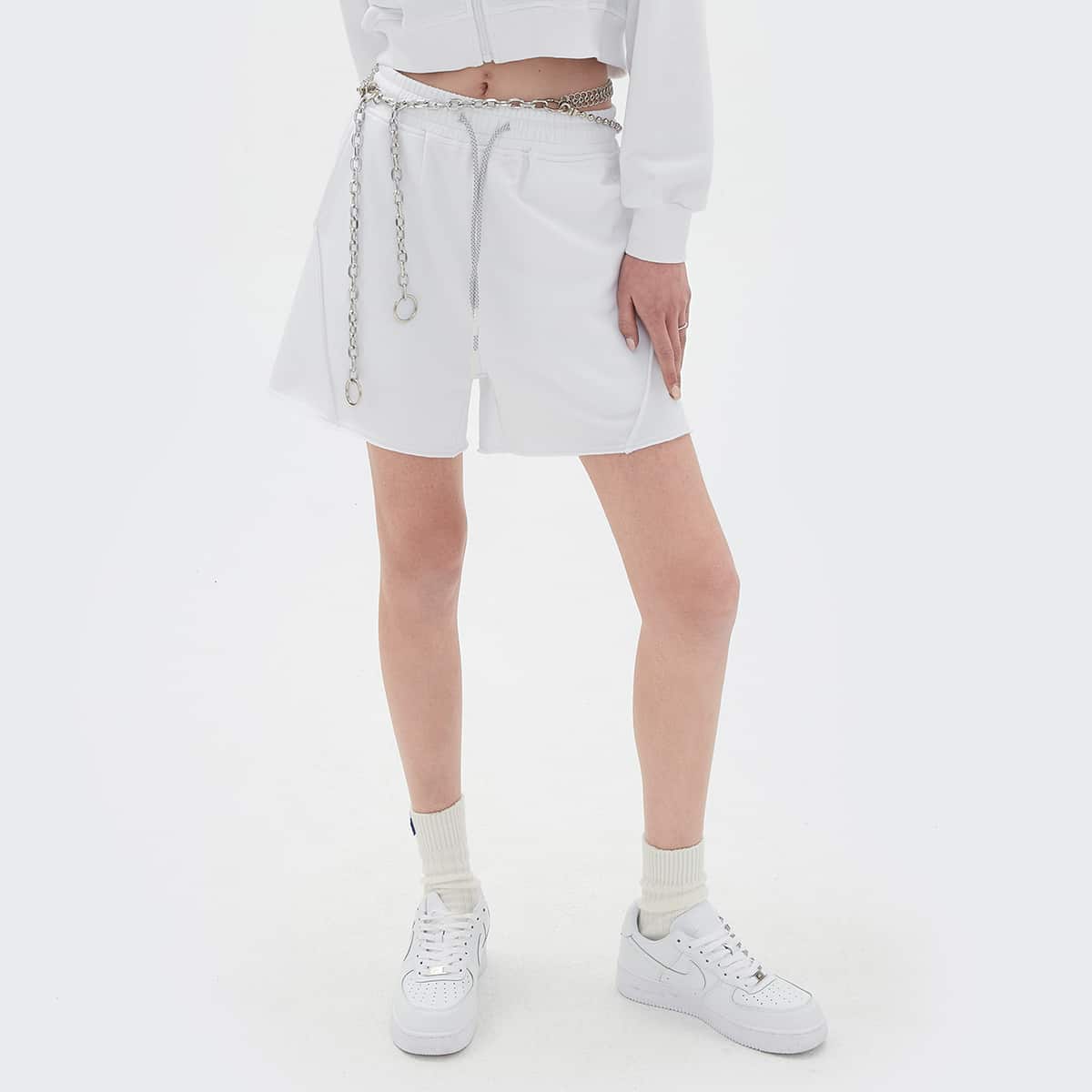 

Drawstring Waist Raw Hem Track Shorts Without Chain, White