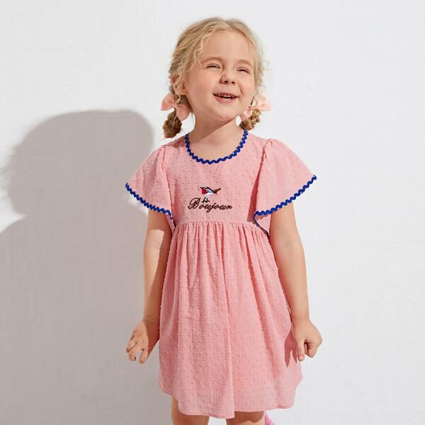 

Toddler Girls Contrast Trim Embroidery Detail Swiss Dot Dress, Pink