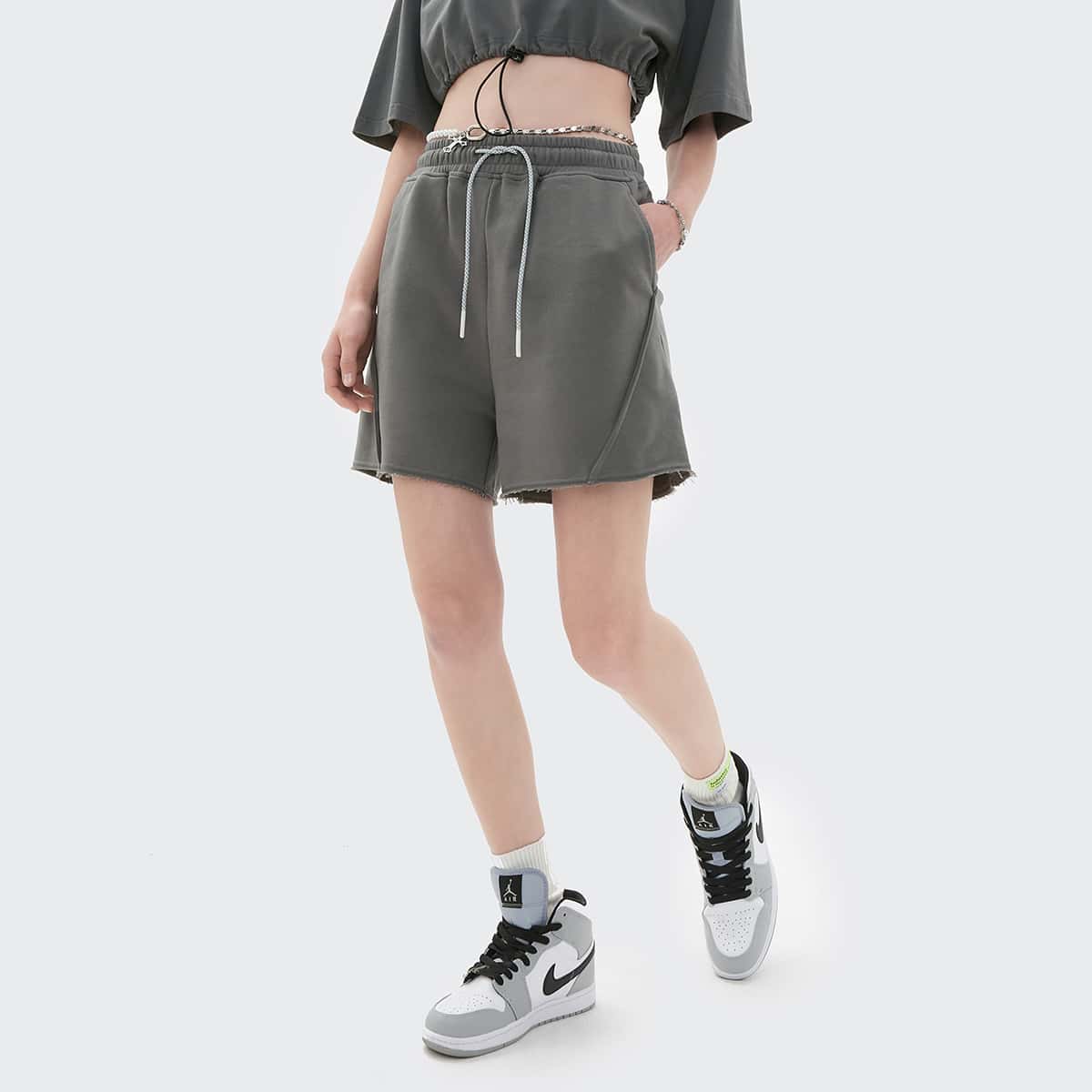 

Drawstring Waist Raw Hem Track Shorts, Dark grey
