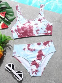 Conjunto de bikini efecto tie-dye para niña preadolescente, verano playa - Multicolor - Ver 1