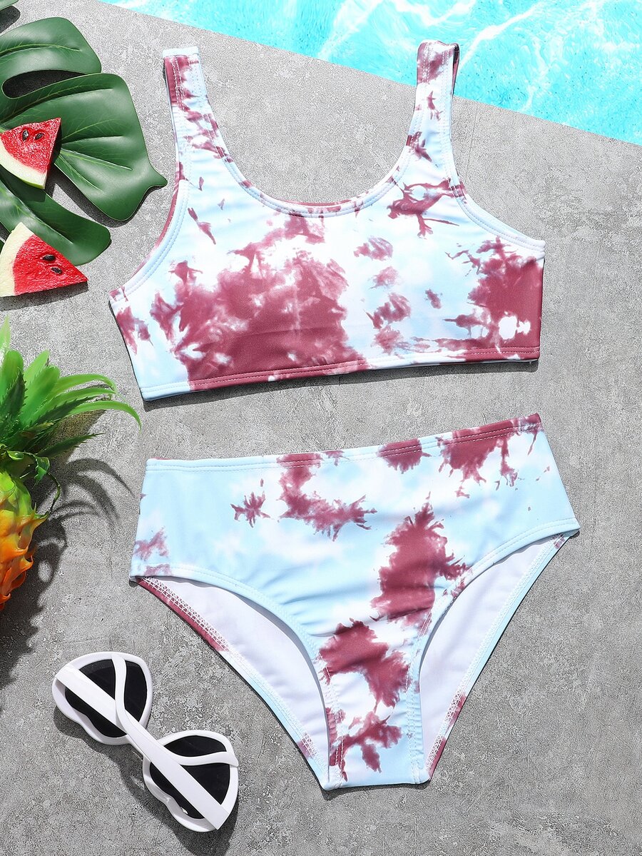 Conjunto de bikini efecto tie-dye para niña preadolescente, verano playa - Multicolor - Ver 1