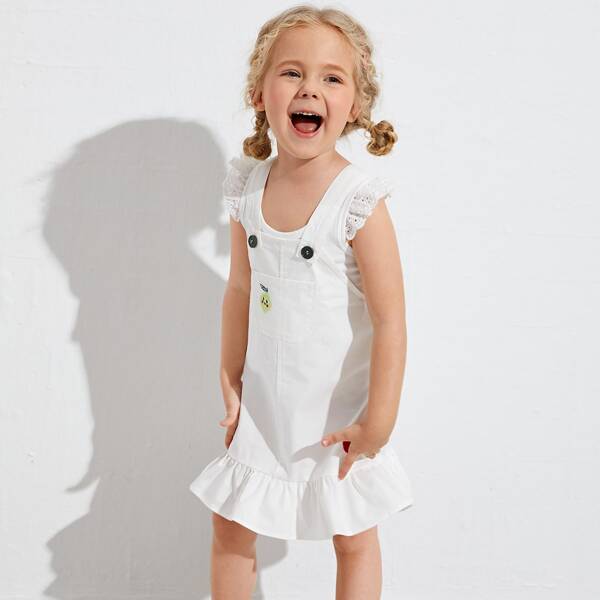 

Toddler Girls Buttoned Strap Cartoon Embroidery Overall Dress, White