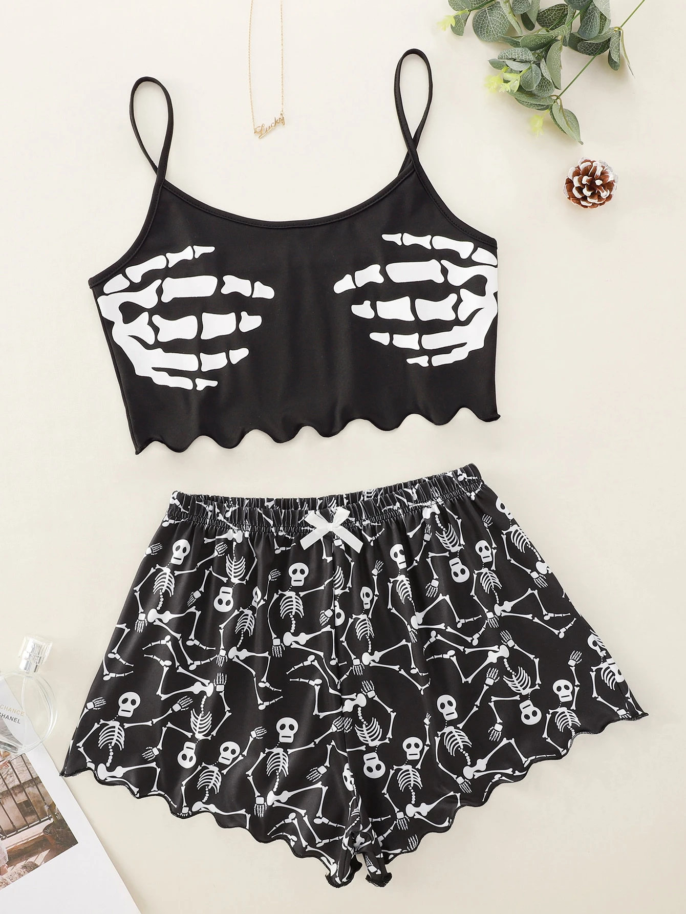 Skull print bow pajama set clearance