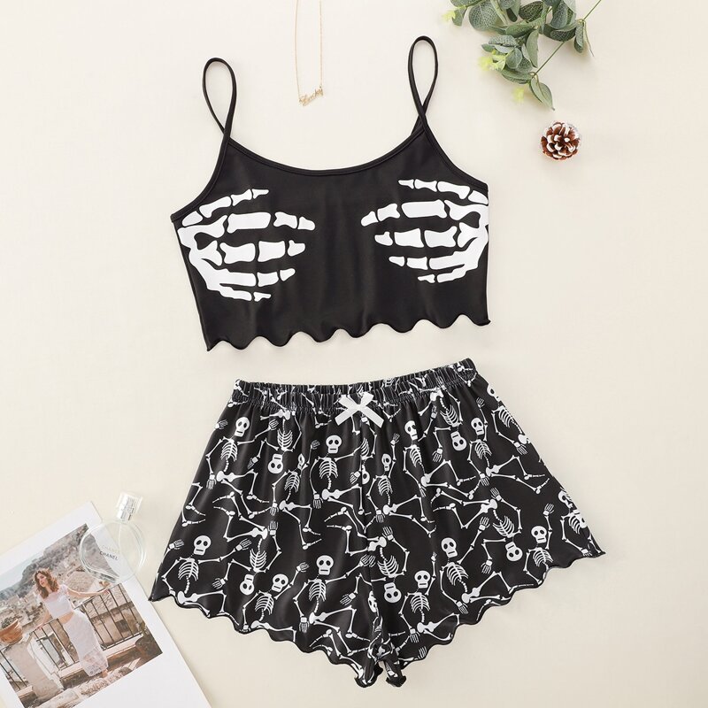 

Skull Print Bow Pajama Set, Black and white