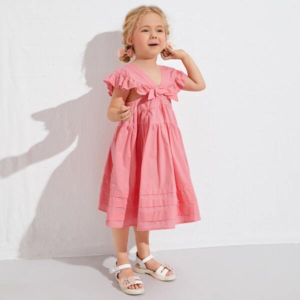 

Toddler Girls Bow Front Schiffy Trim Dress, Coral pink