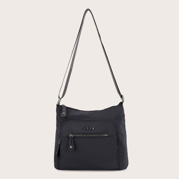 

Metal Letter Detail Zip Front Crossbody Bag, Grey