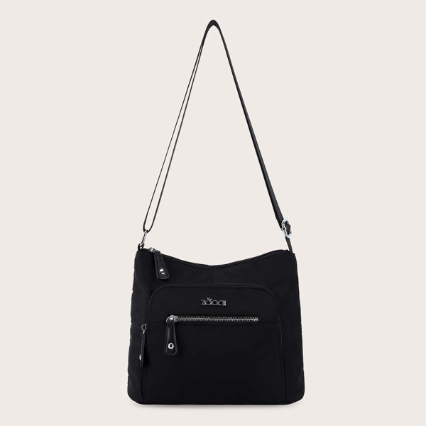 

Metal Letter Detail Zip Front Crossbody Bag, Black