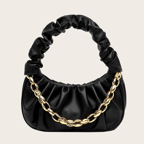 

Chain Decor Ruched Bag, Black