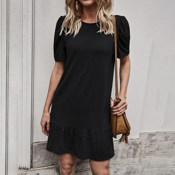 

Puff Sleeve Ruffle Hem Smock Dress, Black