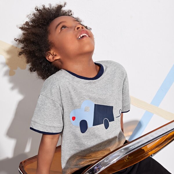 

Toddler Boys Contrast Trim Cartoon Graphic Top, Light grey