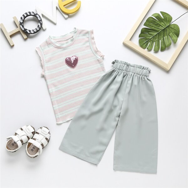 

Toddler Girls Heart Patched Striped Tank Top & Solid Pants, Multicolor