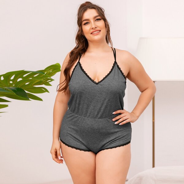 

Plus Lace Insert Halter Sleep Romper, Dark grey