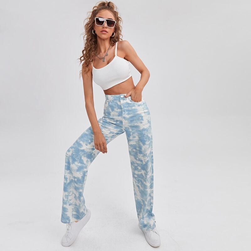 

High Waist Tie Dye Straight Jeans, Blue and white
