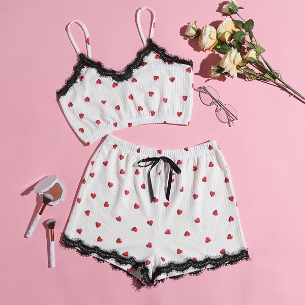 

Heart Print Lace Trim Cami PJ Set, White