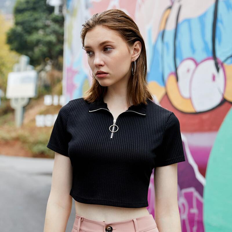 

Solid Half Zip Ribbed Tee, Black