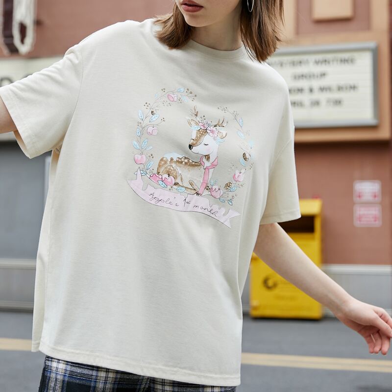 

Deer Graphic Oversized Tee, Beige