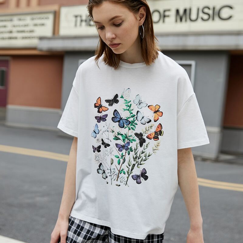 

Butterfly & Flower Graphic Oversized Tee, White