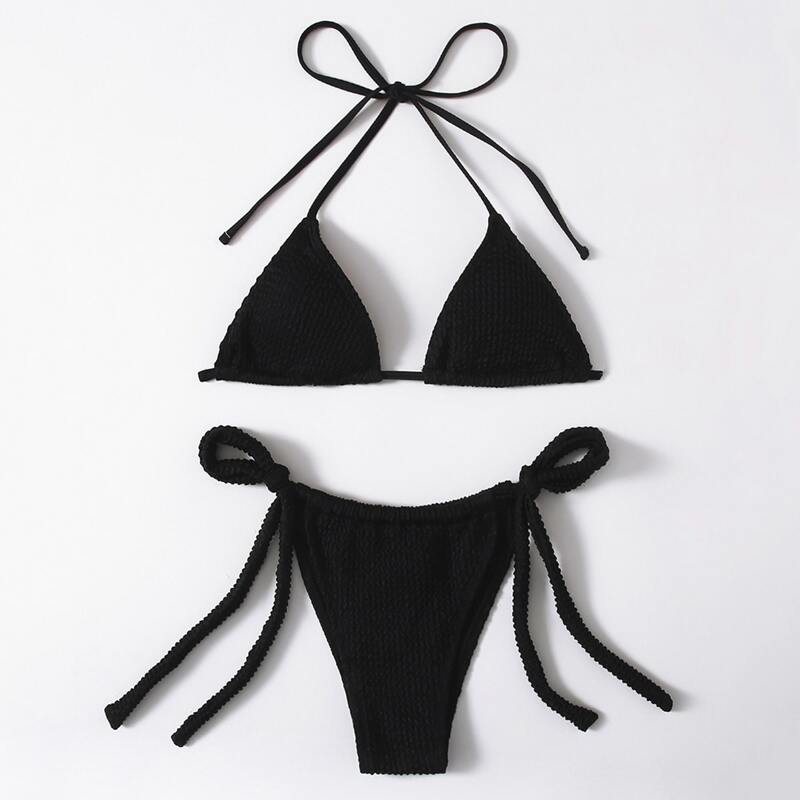 

Textured Triangle Tie Side Bikini Swimsuit, Black