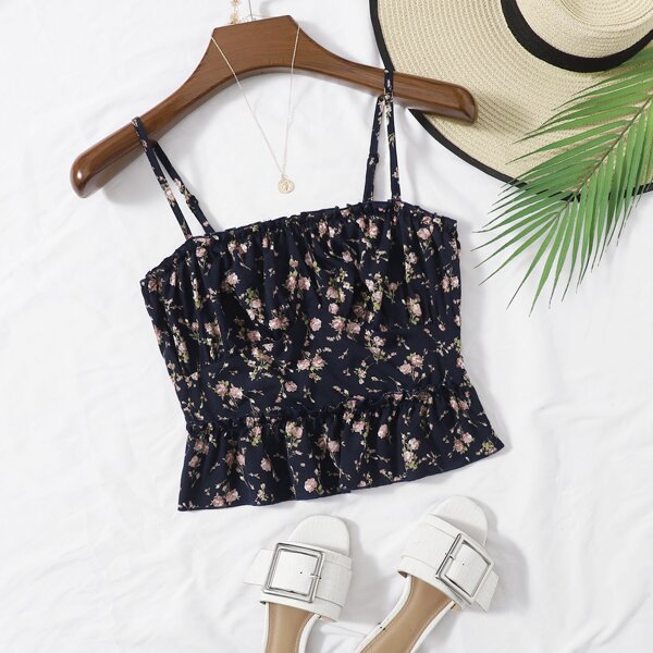 

Ruched Bust Ruffle Hem Floral Cami Top, Navy blue