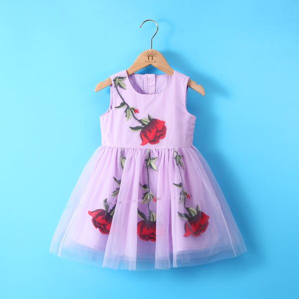 

Toddler Girls Contrast Mesh Floral Appliques Dress, Lilac purple