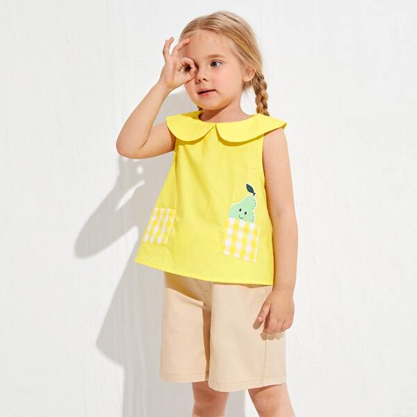 

Toddler Girls Peter-pan Collar Gingham Patch Pocket Cartoon Graphic Tank Top, Yellow