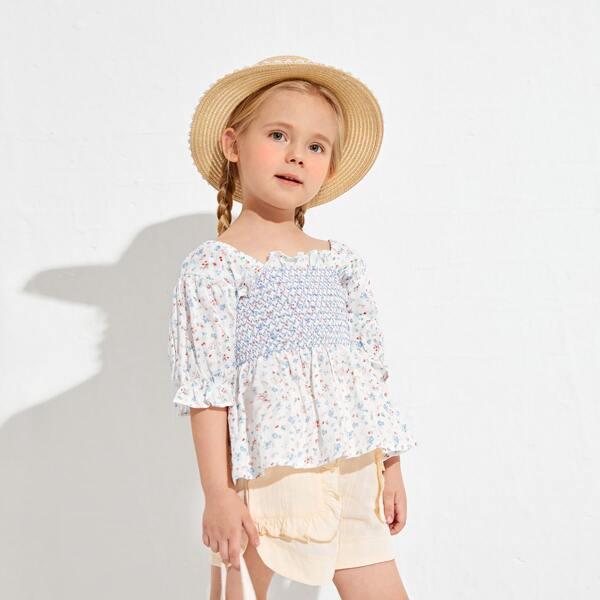 

Toddler Girls Ditsy Floral Ruffle Detail Shirred Peplum Top, Multicolor