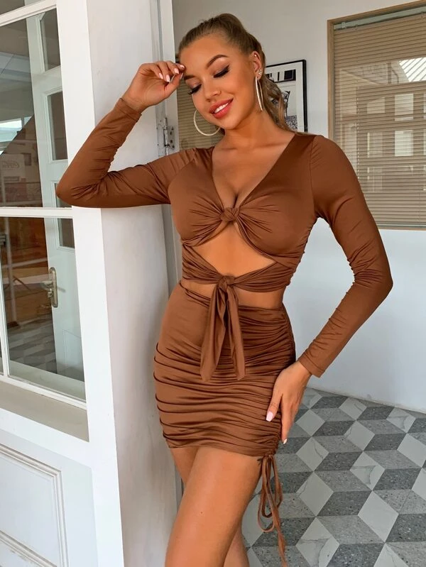 TuoGo Womens Wrap V-Neck Ruched Bodycon Belted Knee-Length Casual Work Party Cocktail Black Pencil Dress