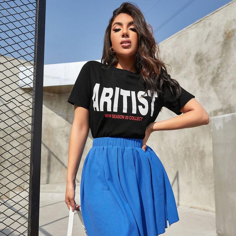 

Letter Graphic Round Neck Tee, Black