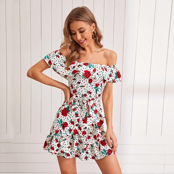

Floral & Polka Dot Print Off Shoulder Belted Dress, Multicolor