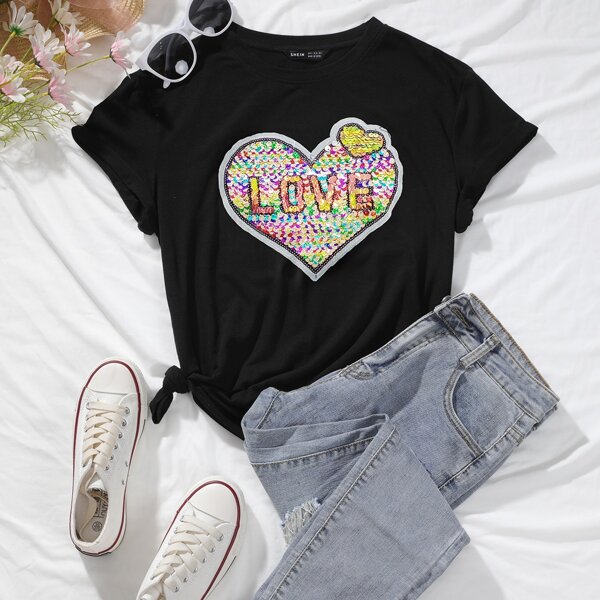

Letter and Heart Sequin Pattern Top, Black