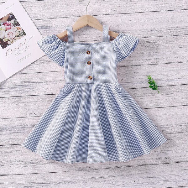 

Toddler Girls Button Half Cold Shoulder Gingham Dress, Blue and white