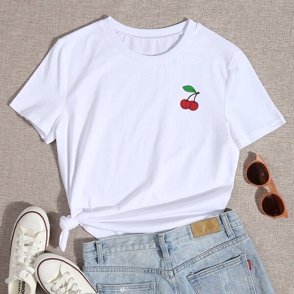 

Cherry Print Round Neck Tee, White