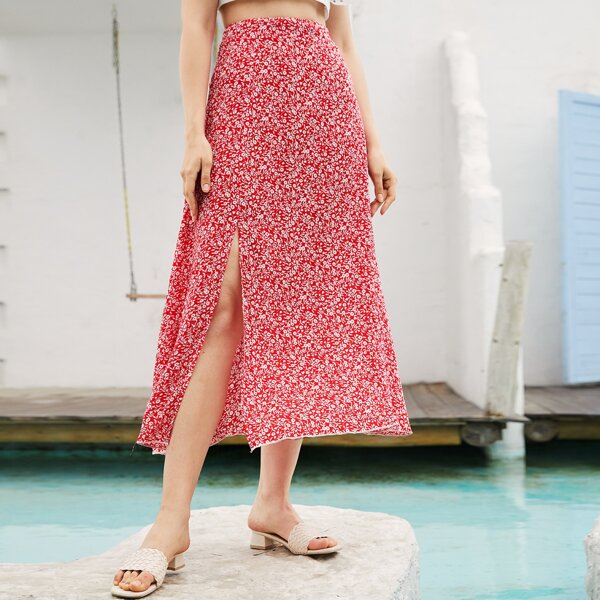 

Ditsy Floral Split Thigh Skirt, Red